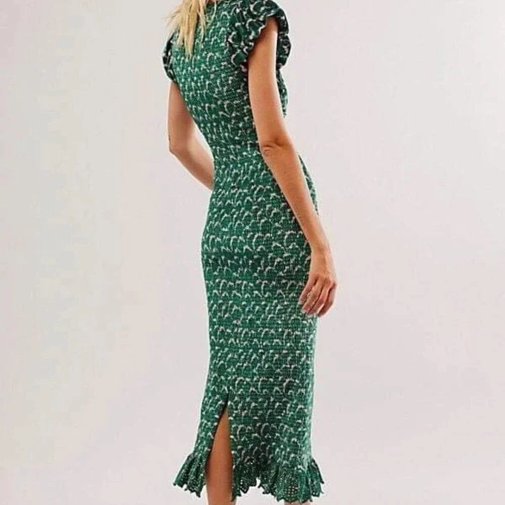 Free People Green Smocked Midi Dress Ruffle Sleeve Floral Bodycon Boho - Picture 9 of 11